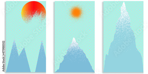 Social media editable covers with grainy effects . Snowed mountain peaks in sunset .Grunge design . Contemporary style . Post frame stories templates. Layout for promotion .Media banner .Vector