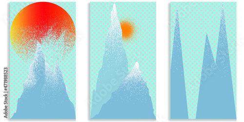 Social media editable covers with grainy effects . Snowed mountain peaks in sunset .Grunge design . Contemporary style . Post frame stories templates. Layout for promotion .Media banner .Vector