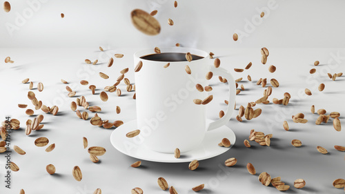 White coffee mug mockup with beans on a white background. Coffee beans. Cup of coffee. Cup of tea