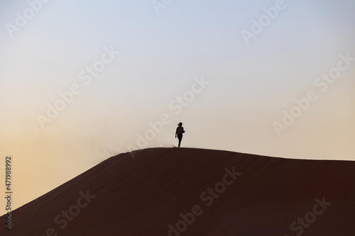 Sunset in the arabian desert with rolling sand dunes in Abu Dhabi, United Arab Emirates