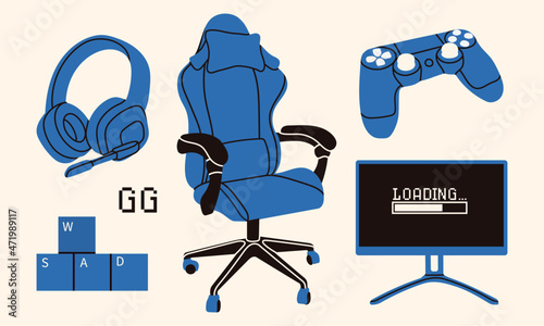 Set of various equipment for gamer. Hand drawn vector illustration. All elements are isolated.