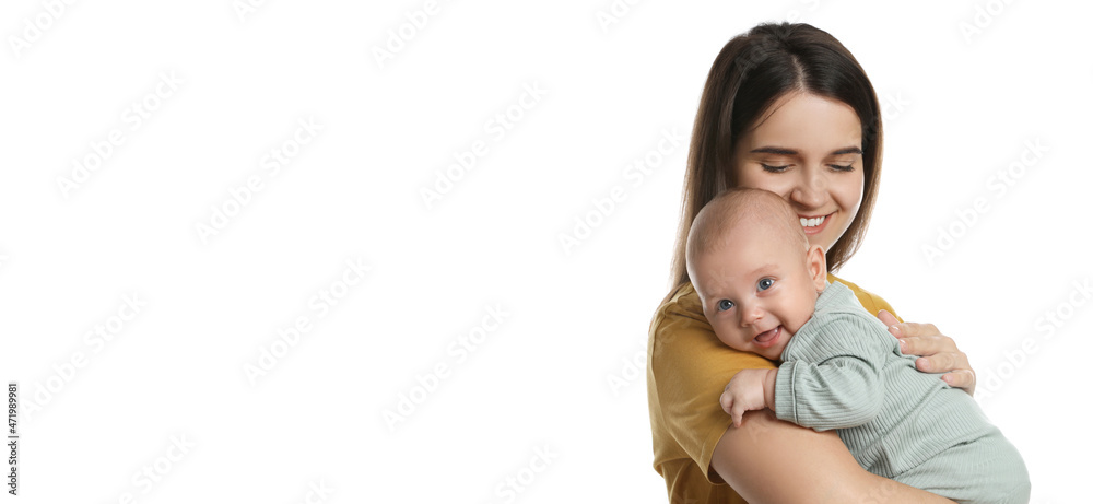 Beautiful mother with her cute baby on white background. Banner design Beautiful mother with her cute baby on white background. Banner design