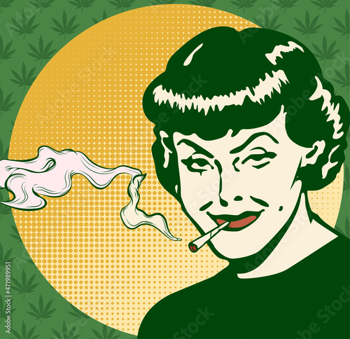 Woman retro portrait. Girl cannabis smoker. 