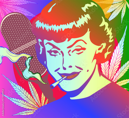 Woman retro portrait. Girl cannabis smoker. 