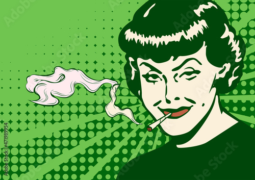 Woman retro portrait. Girl cannabis smoker. 