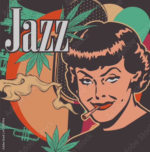 Woman retro portrait. Lady cannabis smoker. 