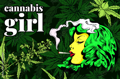 Woman portrait. Girl cannabis smoker. Lady long hair smoke a joint with marijuana. Cannabis grass on the background