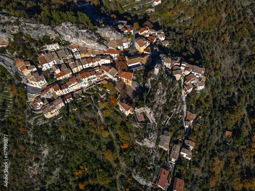 Aerial view above the French Village of Sigale in the Alpes-Maritimes department in the southeastern Provence-Alpes-Côte d'Azur region of France photo