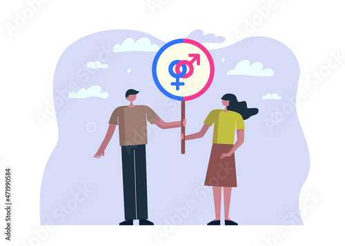 Man and woman together holding sign with Mars and Venus heterosexual symbols. Male and female equal relationship in marriage concept. Equality relation couple in love. Vector eps illustration