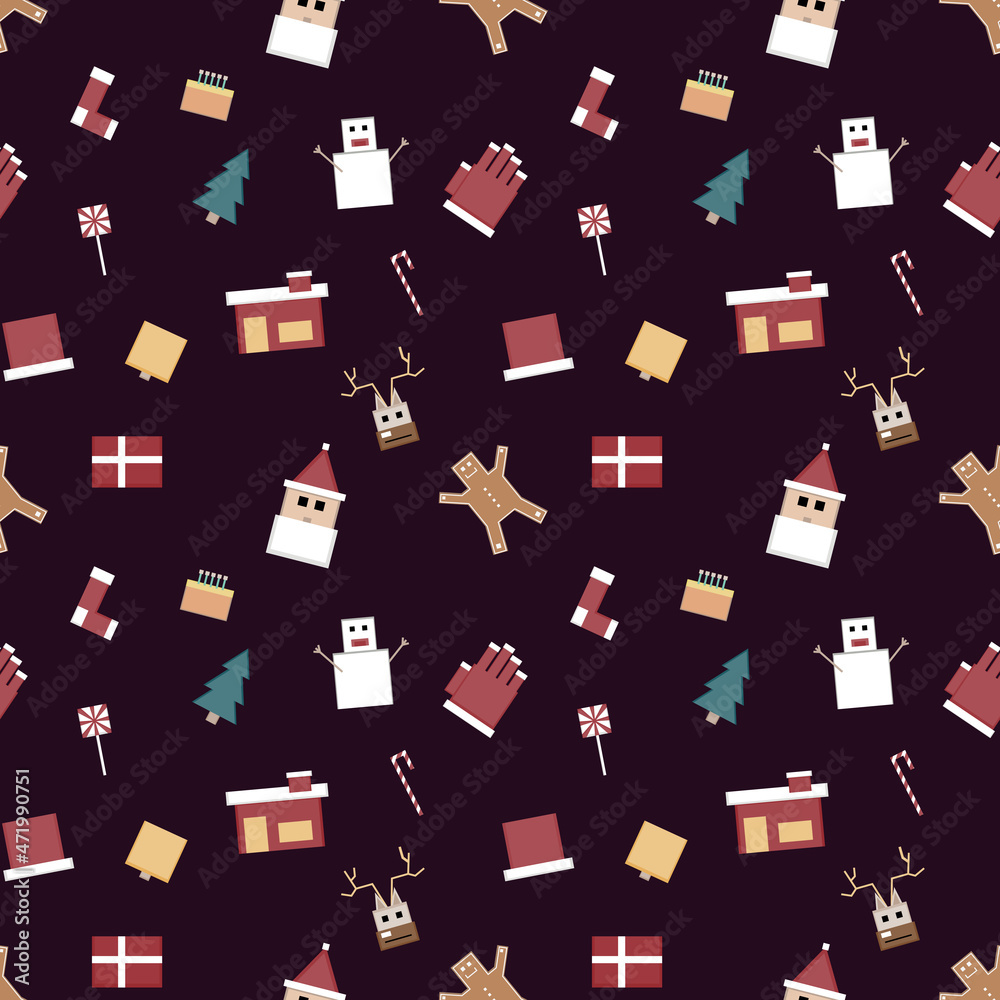 Christmas repeat pattern created with sharp corner Christmas objects, seamless pattern.