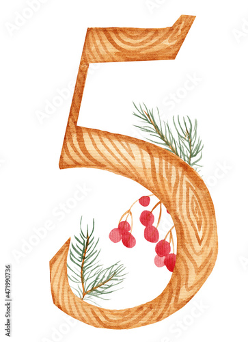 Cute watercolor illustration  wooden number five decorated with fir branches and berries. 