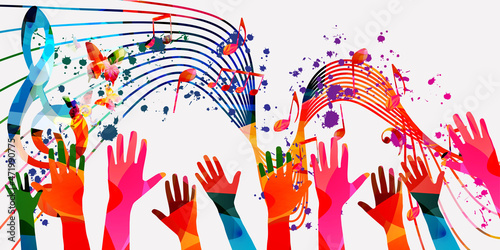 Fototapeta Music background with colorful G-clef, music notes and hands vector illustration design
