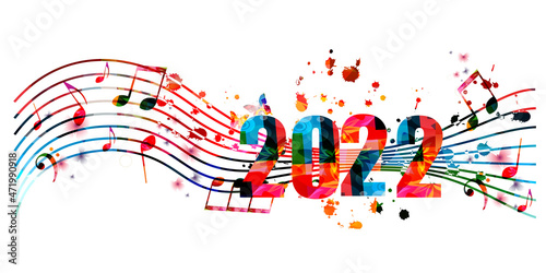 Happy 2022 New Year colorful vector illustration. Happy New Year banner with musical notes for seasonal holiday greeting cards, flyers and party invitations