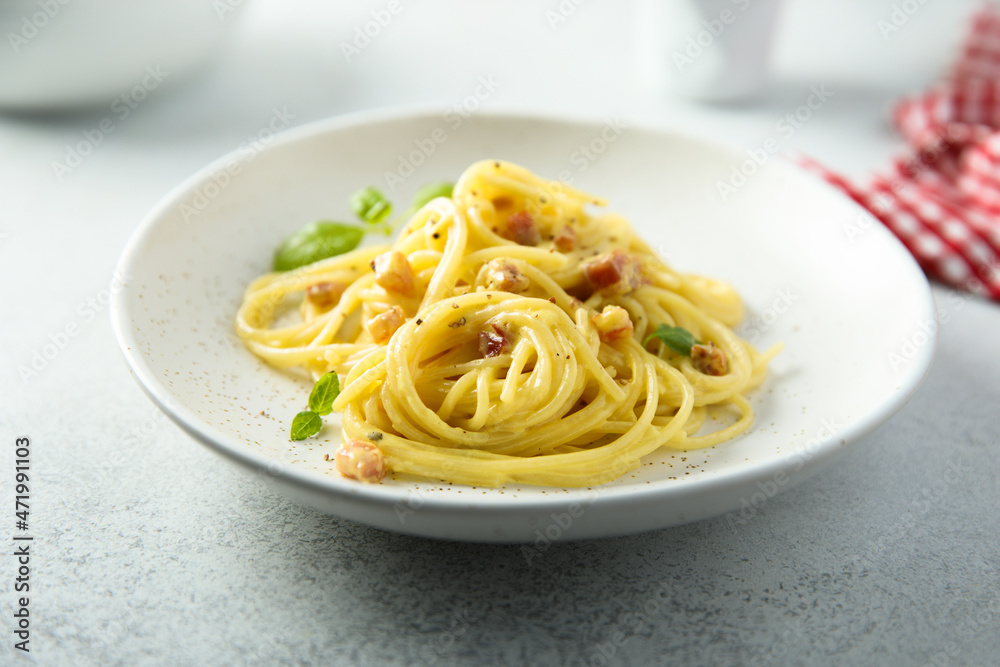 Traditional homemade pasta Carbonara with pork and egg