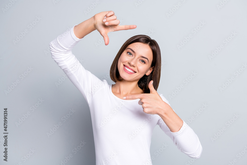 Fototapeta premium Photo of pretty bob hairdo millennial lady take photo wear white shirt isolated on grey color background