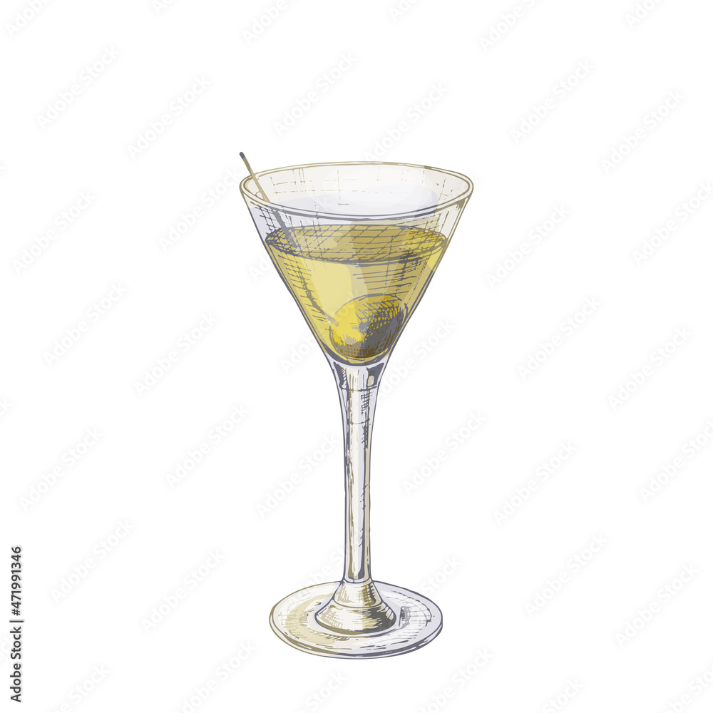 Martini cocktail with olive. Vintage hatching vector