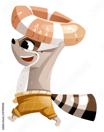 A joyful raccoon runs to swim with an inflatable circle.