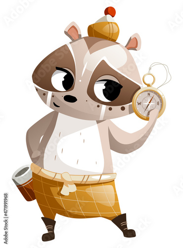 Illustration of a cartoon raccoon with a compass.
