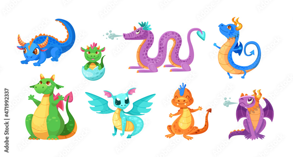 Fototapeta premium Magic fairy dragons set. Childish fantasy medieval reptile funny mythology monsters