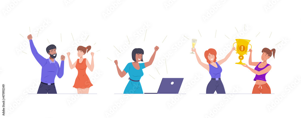 Fototapeta premium Diverse people celebrating win set. Happy man and woman holding golden championship cup good news