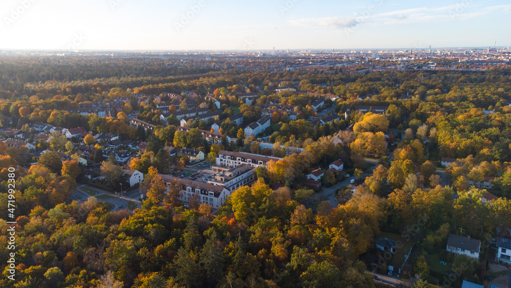 Perlach town in Munich in a autumn landscape seen from aerial view