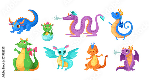 Magic fairy dragons set. Childish fantasy medieval reptile funny mythology monsters