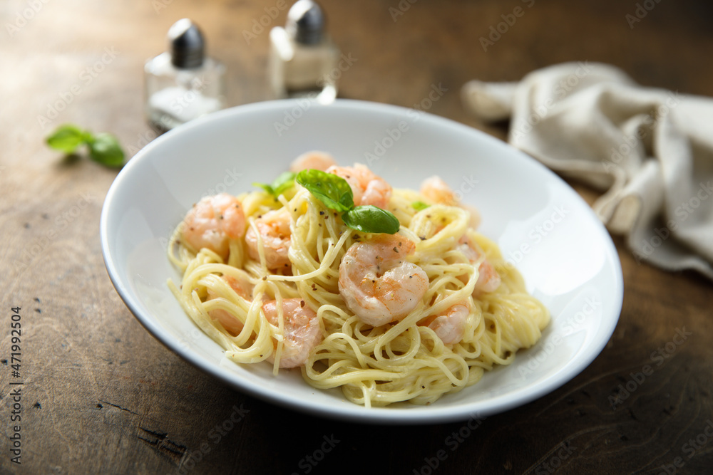 Traditional homemade pasta with shrimps