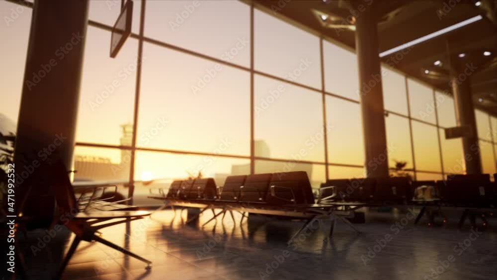 Empty airport terminal waiting hall without people in sunlight and airplane ready for boarding waiting in the gate. High quality 4k footage