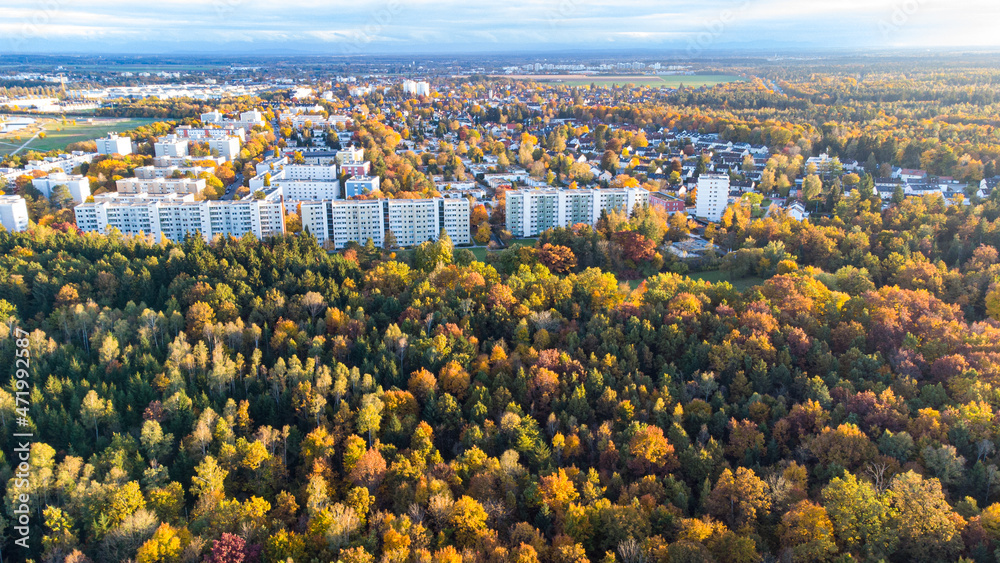 Naklejka premium Beautiful colored forest seen from above. Aerial drone footage of German forest in Munich in autumn