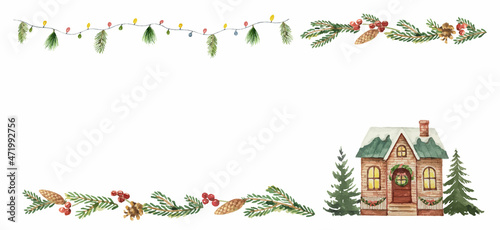 Watercolor vector Christmas card with houses and fir branches.