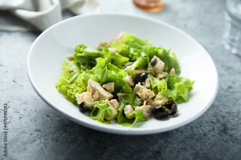Healthy green salad with chicken and olives Healthy green salad with chicken and olives