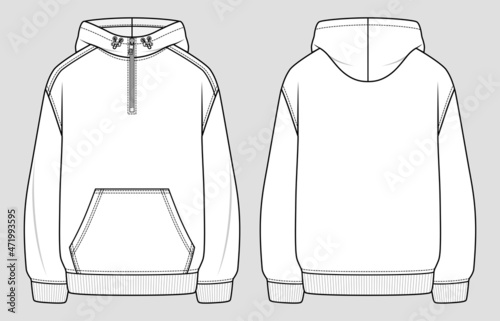 Hoodie with front zipper at the top. Unisex oversized sweatshirt. Vector technical sketch. Mockup template.