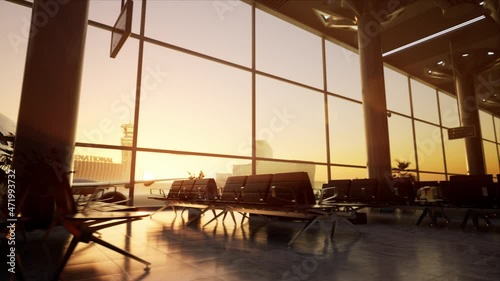 Empty airport terminal waiting hall without people in sunlight and airplane ready for boarding waiting in the gate. High quality 4k footage