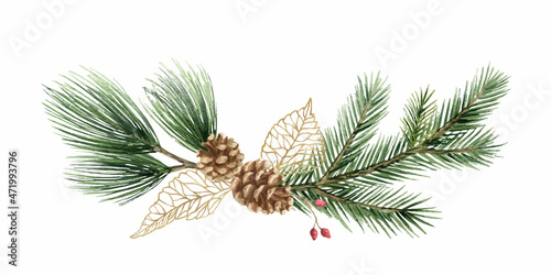 Watercolor vector Christmas wreath with fir branches, leaves and a cone.