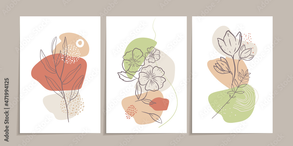 set of cavers Minimal floral line art. Modern abstract shapes background. Trendy design. Pastel color palette. hand drawing