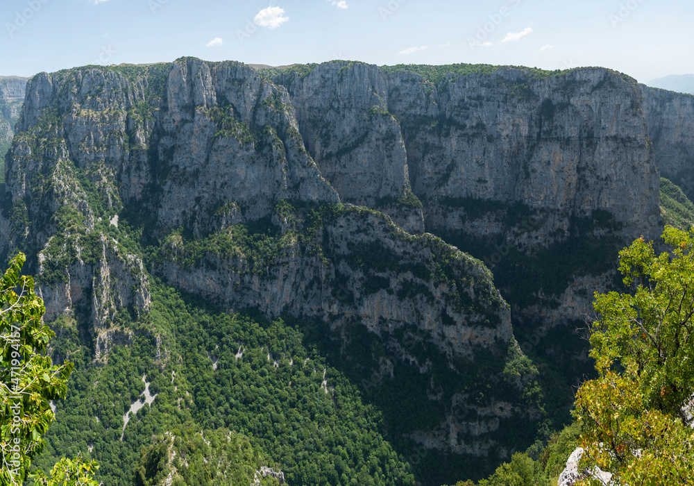 Daytime view of Vikos Gorge from the Oxya Viewpoint in the park national of Vikos-Aoos in northern Greece