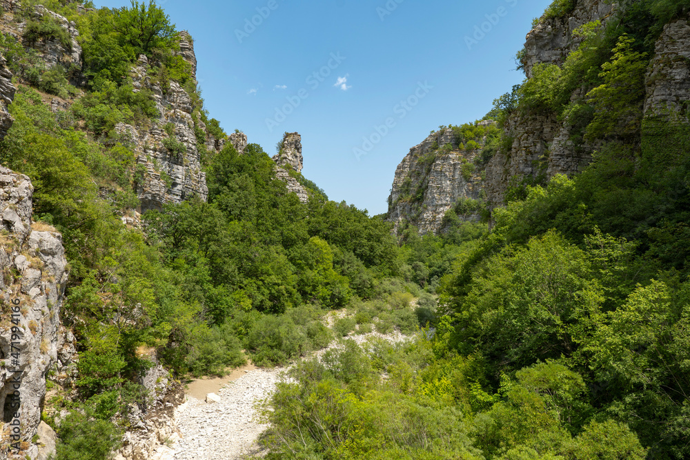 Daytime view of Vikos Gorge from the Oxya Viewpoint in the park national of Vikos-Aoos in northern Greece