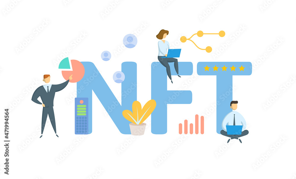 NFT, non fungible tokens. Concept with keyword, people and icons. Flat vector illustration. Isolated on white.