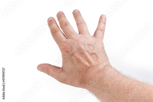 Outstretched man hand with spread all fingers on white background