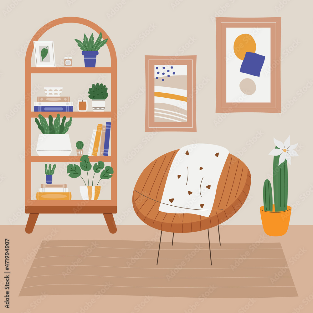 Obraz premium Modern interior with armchair and bookcase