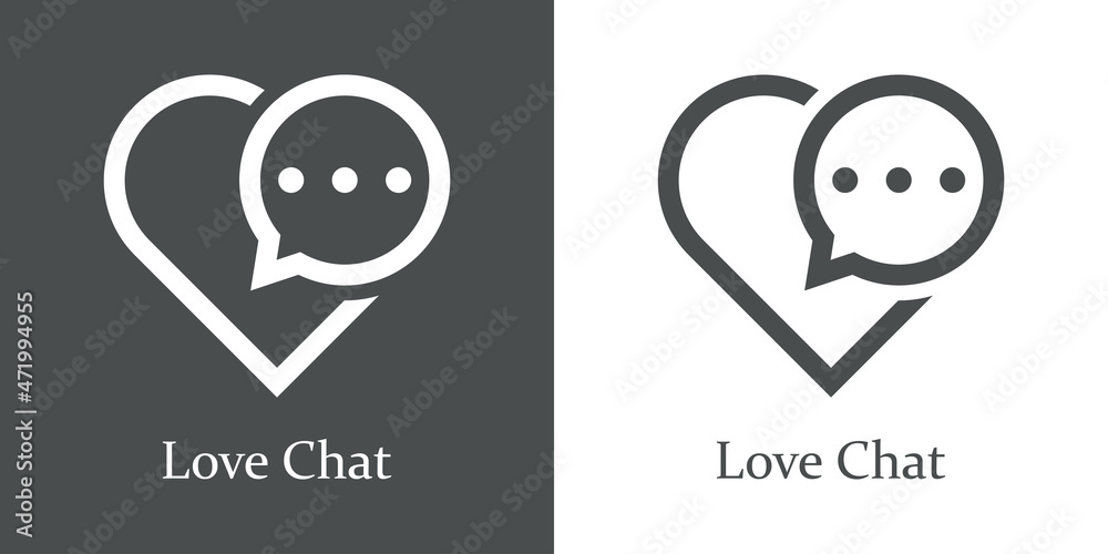 Logotipo con texto Love Chat con burbuja de habla en interior de corazón con líneas en fondo gris y fondo blanco Logotipo con texto Love Chat con burbuja de habla en interior de corazón con líneas en fondo gris y fondo blanco
