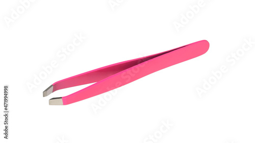 Bright pink cosmetic eyebrow tweezers isolated on white photo