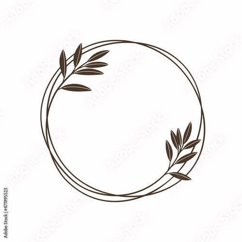 Round botanical frame element with laurel. Simple contour vector illustration for packaging, corporate identity, labels, postcards, invitations.