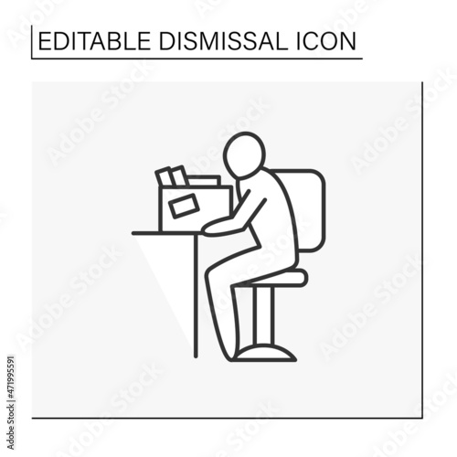 Job loss line icon. Employee has a box with personal things, sitting on a chair. Dismissal concept. Isolated vector illustration. Editable stroke