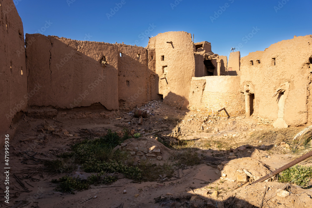 Ruins of traditional Arab mud brick architecture in Ushaiqer, Saudi Arabia