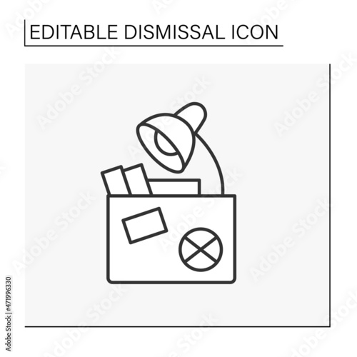 Job loss line icon. Leave workplace. Box with personal things and office lamp. Dismissal concept. Isolated vector illustration. Editable stroke