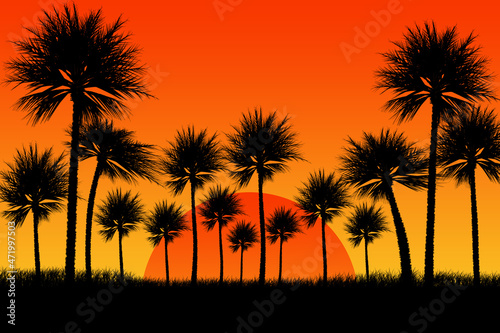 Illustration of palm trees at sunset