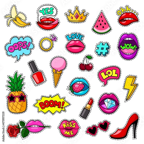 Fashion pop art patches. Girl badges, banana, ice cream and sexy lips. 80s style graphics, hipster icons. Isolated trendy retro comic garish vector elements