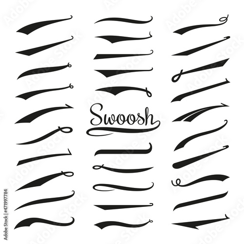 Swoosh tails. Retro swooshes, typography curly font tail. Sport vintage text decoration, lettering banners. Underline accent tidy vector collection