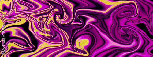 Abstract background illustration of liquid purple and gold glitter paint swirls